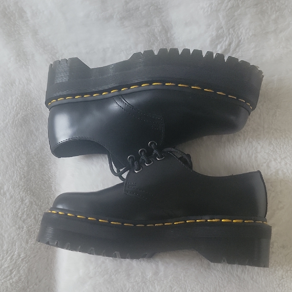 Dr. Martens Black Leather Oxfords with Yellow Stitching